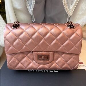 2021A CHANEL MINI REISSUE 2.55 ROSE GOLD M COPPER GOATSKIN LEATHER BAG CHAIN NWT
